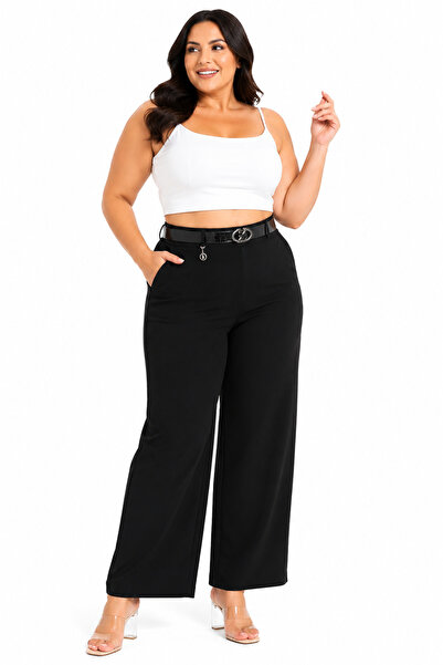 ZANESSİ FASHION Plus Size Belted High Waist Wide Leg Women's Trousers