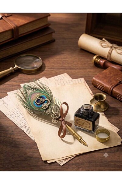 nilss 2021 Retro Peacock Feather Calligraphy Dip Pen and Inkwell Set - Steamp...