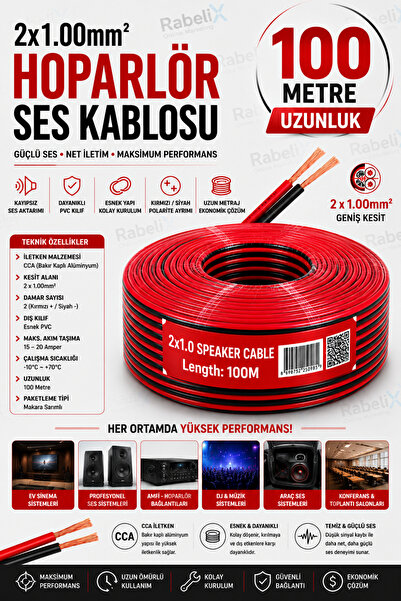 Rabelix Online Marketing 100 Metre 2x1.00mm CCA Hoparlör Ses Kablosu 100 Mt S...