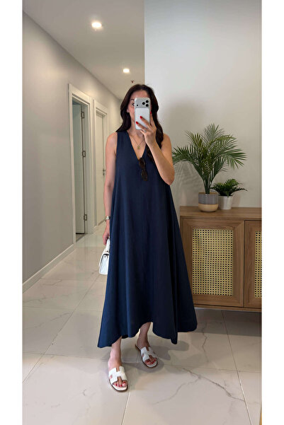 BİRCANÇİL Folse Navy Blue Sleeveless Linen Dress