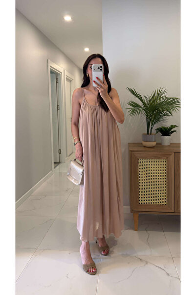 BİRCANÇİL Burino Beige Lined Linen Dress with Adjustable Drawstring Straps