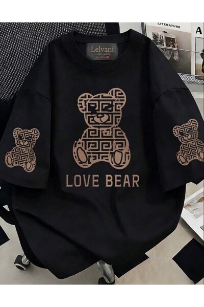 LELVANİ Unisex Love Bear Sleeve Detail Printed Crewneck T-Shirt