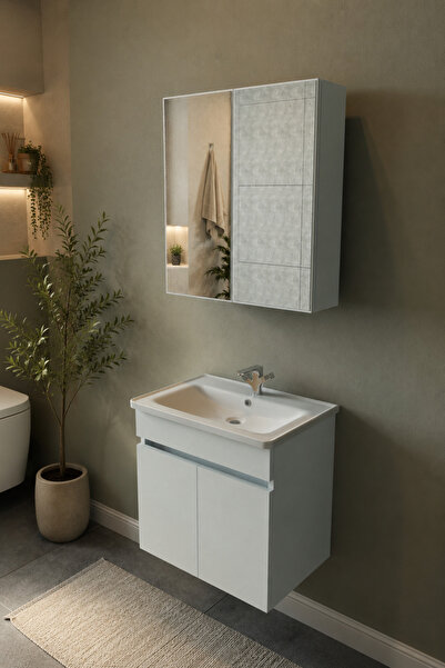 makbulce Sarıkaya 55cm Seramik Lavabolu Aynalı MDF Takım