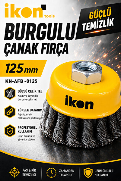 İkon Tools Burgulu Çanak Fırça 125 mm Taşlama Uyumlu Çelik Tel Fırça Pas Kir ...