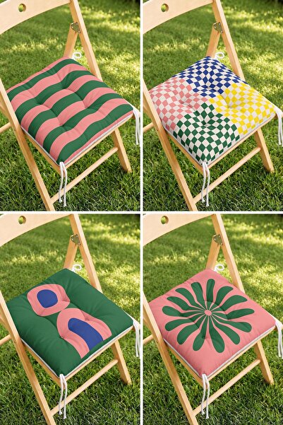 Home 4’lü Yeşil Pembe Çizgili ve Geometrik Desenli Bağcıklı Pofidik Sandalye ...