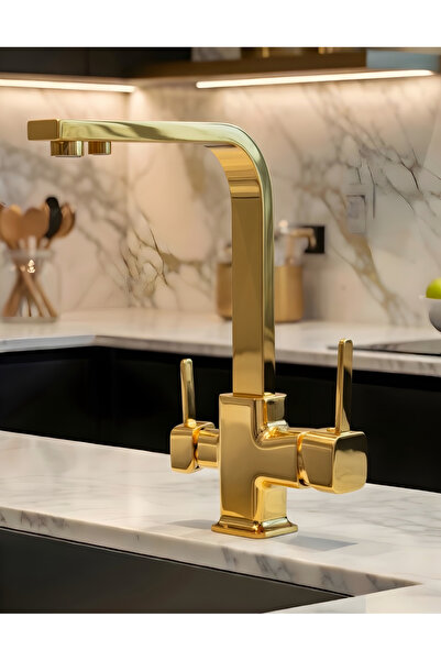 Flora 3 Yollu Kare Arıtmalı Mutfak Bataryası Gold Su Arıtma Çıkışlı Paslanmaz...
