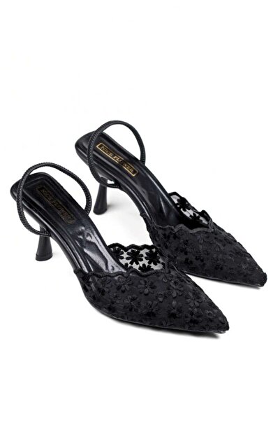 NiceDiffer Women's Lace Detailed Pointed Toe Open Back 7cm Thin Heeled Evenin...