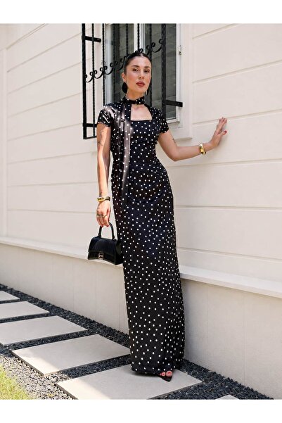 YK FASHION Puantiyeli Saten Elbise