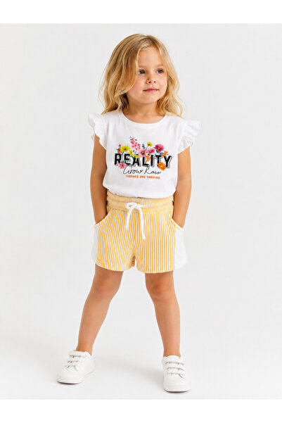 mini kanka 3-10 Years Old Girls' Floral Printed Ruffle Sleeve White T-Shirt S...