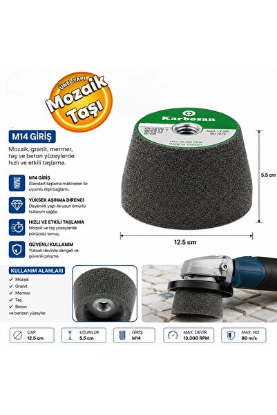 KARBOSAN KK125 125x50xM14 Konik Çanak Mozaik Taşlama Taşı Spiral Uyumlu Mozai...