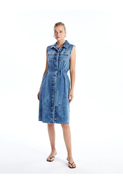 LC Waikiki Women's Shirt Collar Plain Jean Dress (S4)