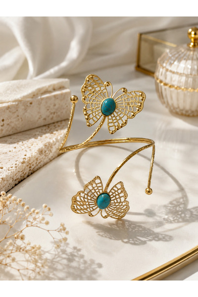 Lilith Takı 🦋   Turquoise Stone Detailed Butterfly Design Gold Color Pazu Br...