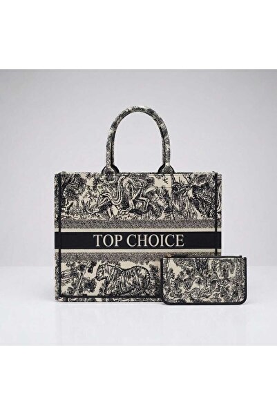 Top Choice Elegant Toile Print Canvas Tote Bag with Matching Zip Pouch – Stru...