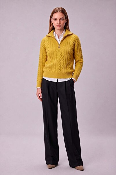 odelon Women's Hair Knitted Half Zipper Bato Collar Wool Knitwear Sweater Yellow
