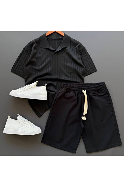 Beylerce Nurse Collar Knitwear T-Shirt + Raw Linen Shorts 2-Piece Combination