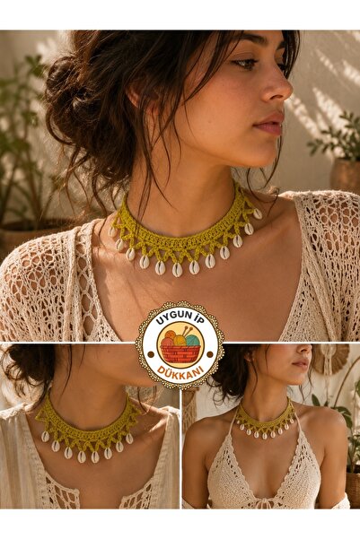 UYGUNİP Deniz kabuklu örgü choker kolye yeşil