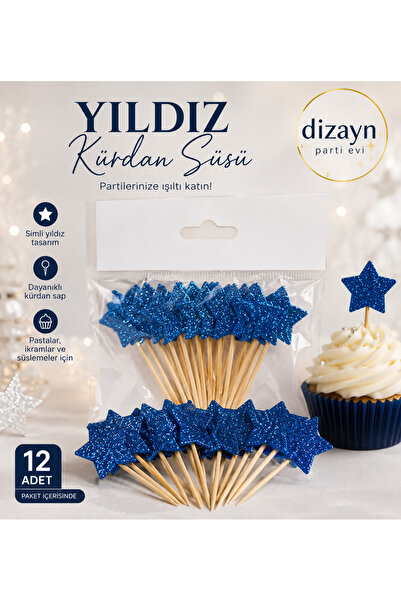 Dizayn Parti Evi Mavi Simli Yıldız Kürdan Süs 12 Adet Pasta ve Cupcake Süsü D...