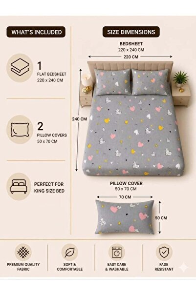 OASIS MART King Size Double Bedsheet Set 220x240cm Heart Printed Design with 2 Pillow Covers