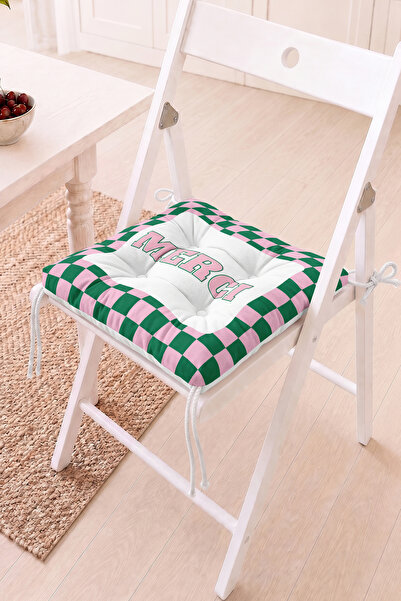 Home Merci Yazılı Pembe Yeşil Dama Desenli Pofidik Sandalye Minderi - Retro B...