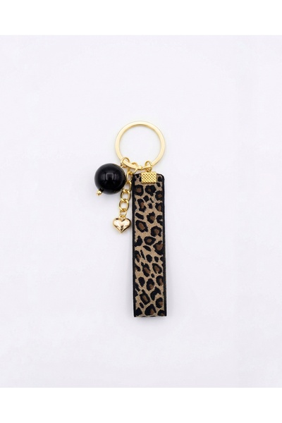 Esdem Accessories Leopar Desenli Siyah Küre Boncuklu Anahtarlık