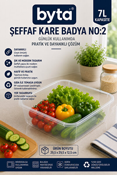 BYTA 7 L Transparent Square Plastic Basin No:2 Bpa-Free Multi-Purpose Food Pr...
