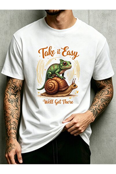 BASEPULSE تي شيرت رجالي بتصميم حلزون الحرباء، تصميم "Take It Easy Well Get Th...