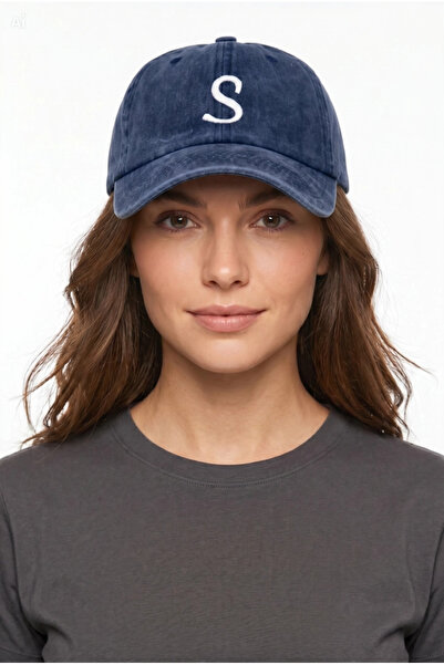 ŞapkaMania Letter S Navy Blue Embroidered Washable Vintage Unisex Hat