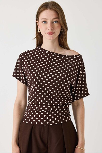 Raneel Kazançlı Alışveriş Women's brown ruched waist short sleeve blouse