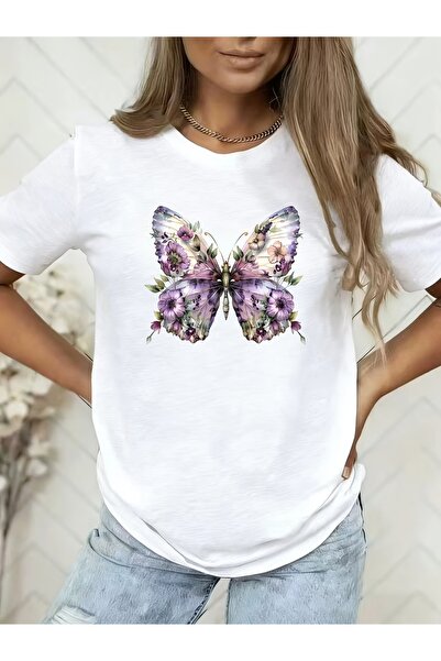 212Wear تي شيرت نسائي بأكمام قصيرة بنمط كرتوني ريترو مزين بالزهور والفراشات، ...
