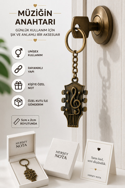 HER ŞEY NOTA www.herseynota.com Left Handed Guitar Head Keychain Bronze Detai...