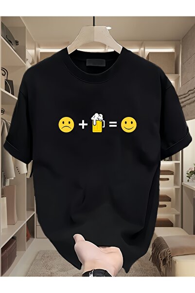 STITCHLY تي شيرت رجالي ثقيل الوزن بتصميم جرافيكي باللون الأسود يحمل رسمًا مرح...