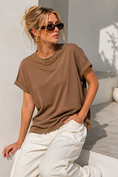 Rich Women's Brown Cotton Double Sleeve Detailed Comfortable Fit T-Shirt