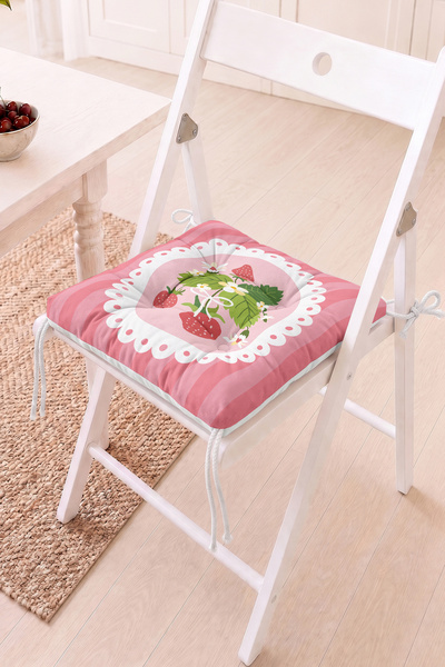 Home Çilek Motifli Pofidik Sandalye Minderi - Pembe Vintage Dekorasyon