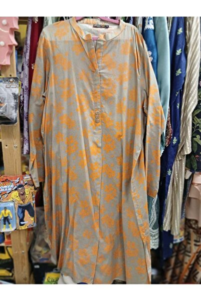ALKARAM Khazer Floral Print Kurta, Long Sleeve V-Neck, Beige & Orange, Lawn V...
