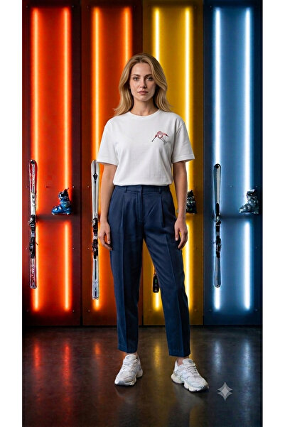 Kadın modal kumaş relaxed fit kayakçı t-shirt kayak nakış işlemeli tshirt