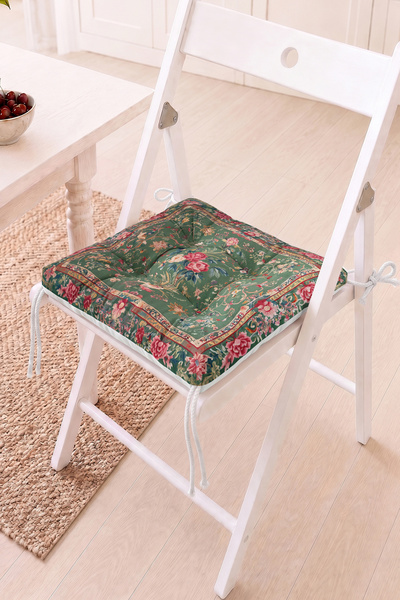 Home Çiçek Desenli Pofidik Sandalye Minderi - Yeşil ve Pembe Retro Dekorasyon