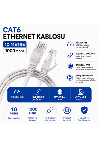 AŞIK STORE 10 Metre CAT6 Fabrikasyon Ethernet Kablosu 1000 Mbps Gigabit LAN İ...