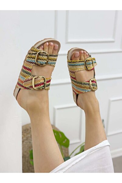 ERVANIN BUTİĞİ Colorful Straw (Aven) Double Buckle Women's Slippers