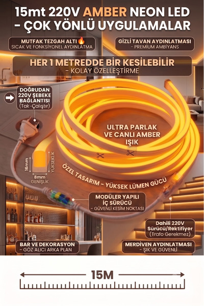 ECONA 15 Metre AMBER 220V Neon LED Şerit ,Tak Çalıştır Set, Fişli Esnek Şerit...