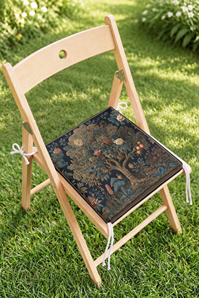 Home Vintage Ağaç ve Kuş Desenli Fermuarlı Sandalye Minderi - Lacivert Botani...