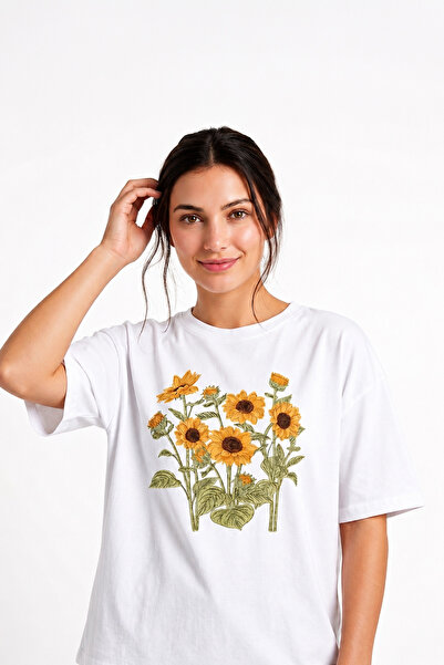 EFFRENATU Women's T-Shirt Sunflower Botanical Printed Oversized Casual