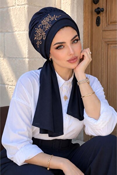 Aişe tesettür Navy Blue Gold Embroidered Shawl Evening Dress Bonnet