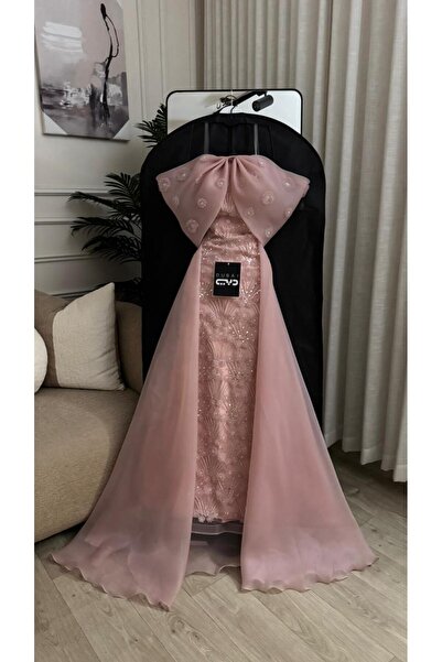 FASHION Pink Embroidered Evening Gown, Featuring a Chiffon Overlay with a Lar...