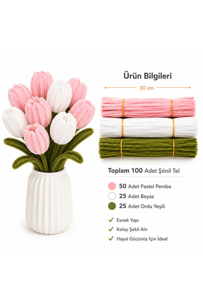 KLC Çiçek Malzemecisii KLC Şönil Çiçek Yapım Seti 100 Adet – Pastel Pembe, Be...