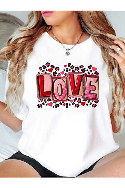 LİNA06 1pc Women'S Casual Crew Neck T-Shirt with Pink Valentine'S Day LOVE Le...