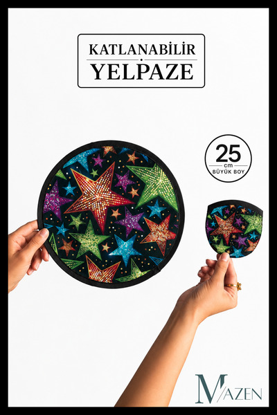 MAZEN Katlanabilir Yelpaze 25 cm Büyük Boy Kore Yelpazesi Renkli Yıldız Desen...