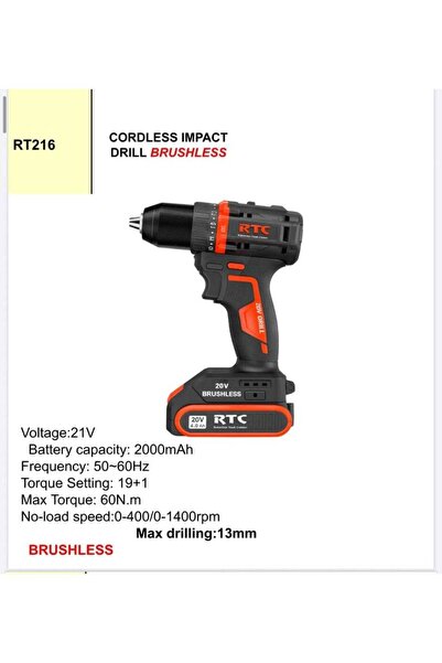 Rtc RT216 Brushless Hammer Drill 21V 4Ah with 60 Nm Torque