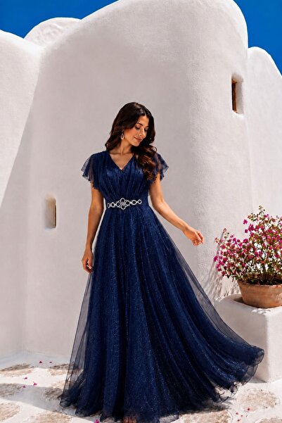 HİRAMİR Kadın Büyük Beden Taş Kemer Detaylı Abiye Elbise YZ2738