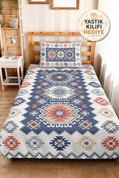Evimde Bambaşka Ethnic Geometric Blue Pique Set - Bohemian Kilim Patterned Co...