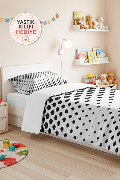 Evimde Bambaşka Black Geometric Youth Room Single Pique Set-Modern Monochrome...